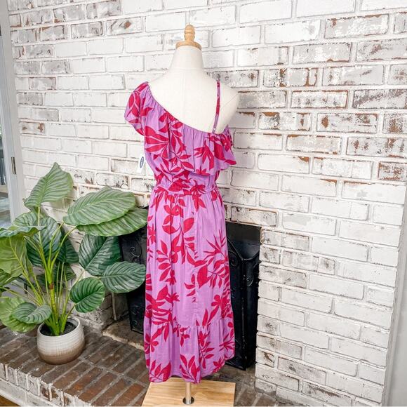 Purple & Red Floral Print One Shoulder Ruffle Cotton Blend Midi Dress S - Picture 9 of 10